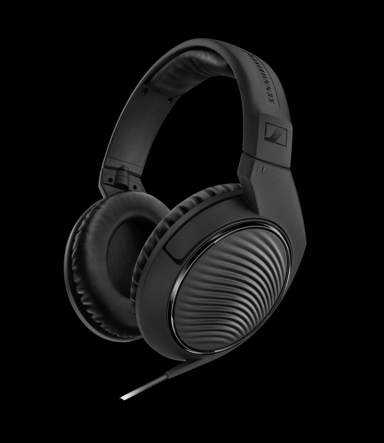 Sennheiser HD 200 PRO Headphones with a closed system design, featuring a 2-meter cable and a 6.3/3.5mm jack adapter, shown in an isometric front view.