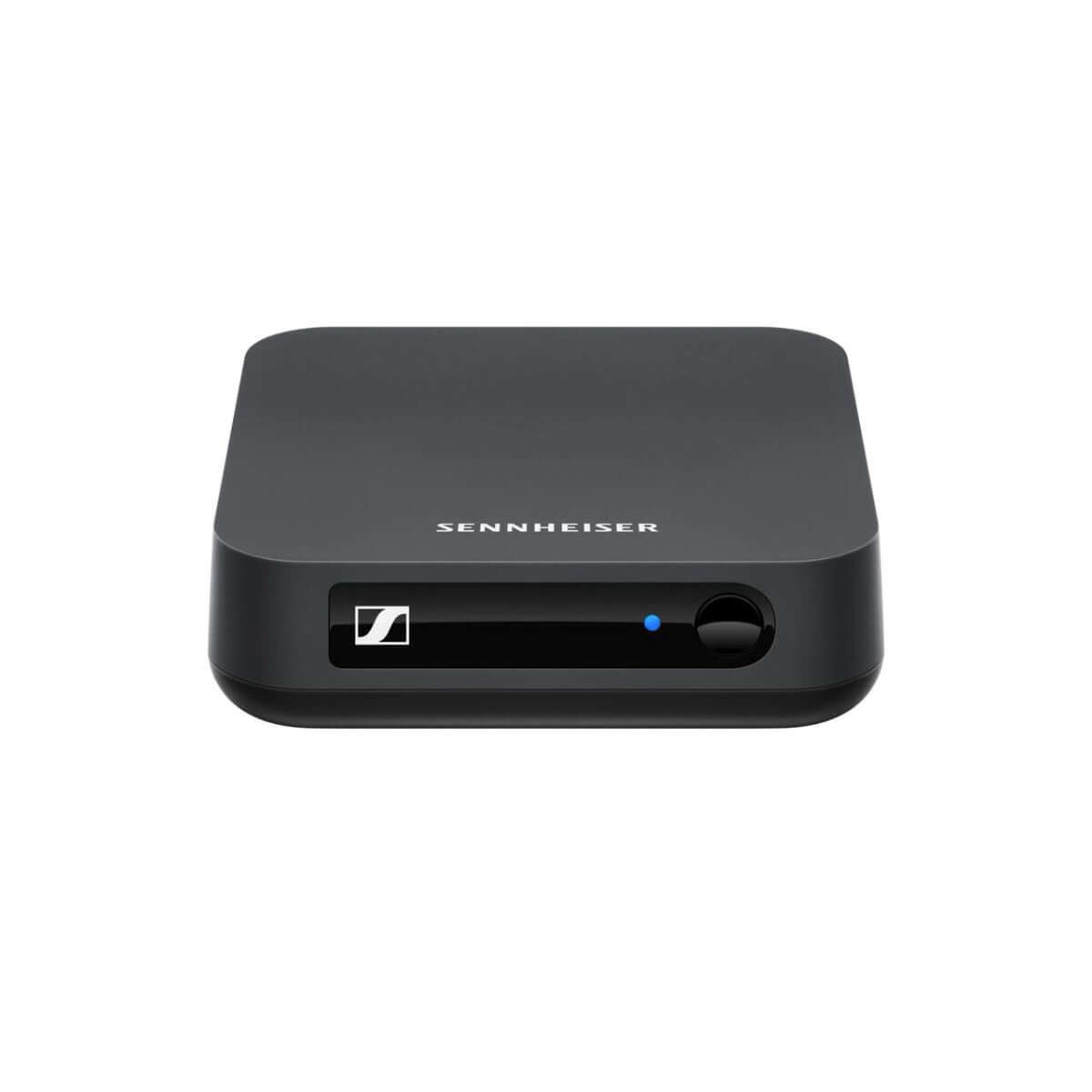 Sennheiser BT T100 Bluetooth Audio Transmitter with a 1.5m USB A to USB Micro-B charging cable, shown in a product image.
