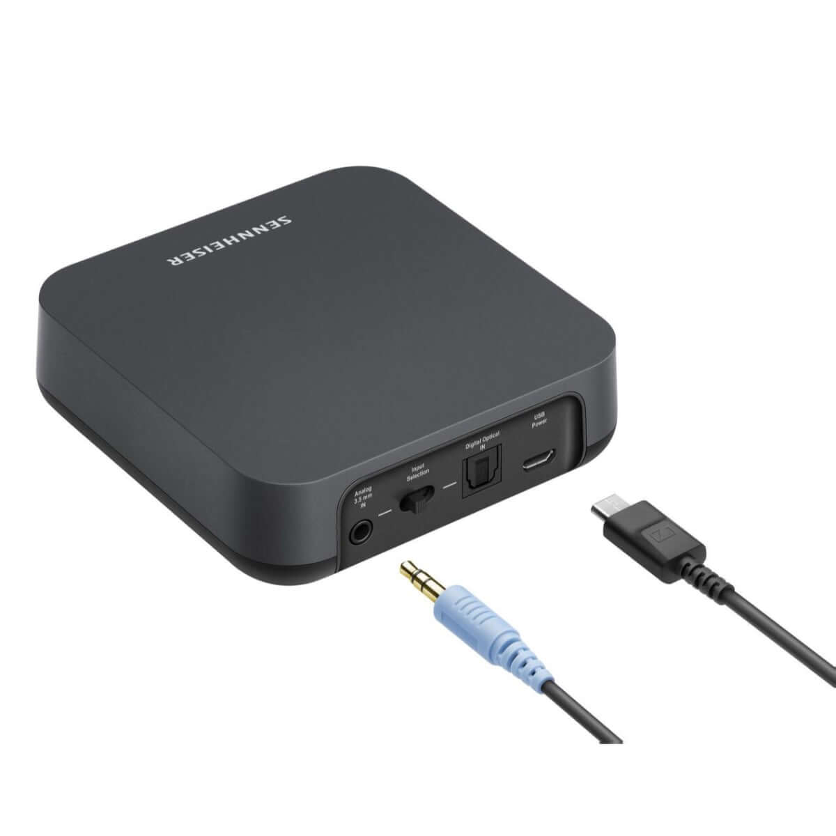 Sennheiser BT T100 Bluetooth Audio Transmitter with a 1.5m USB A to USB Micro-B Charging Cable displayed against a white background
