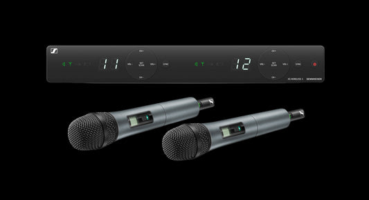 Front view of the Sennheiser XSW 1-825 DUAL-A Dual Vocal Set with E 825 Dynamic Capsule, operating in the 548-572MHz frequency range.