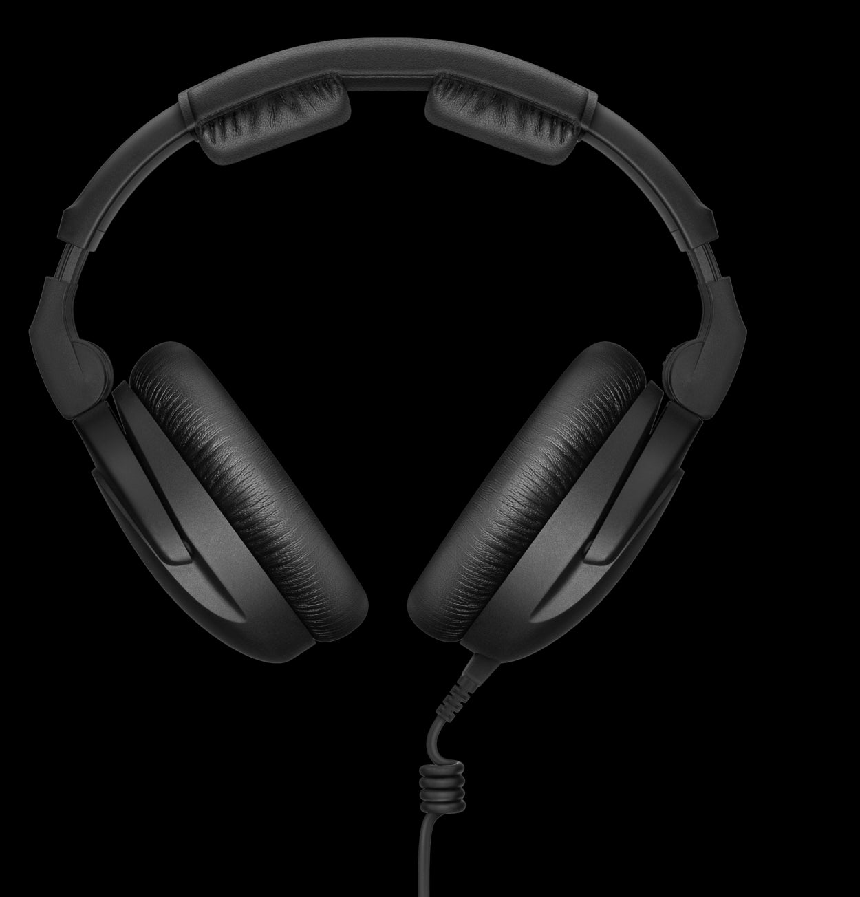 Front view of Sennheiser HD 300 PRO Stereo Circumaural Headphones with a 1.5m cable and 3.5mm jack.
