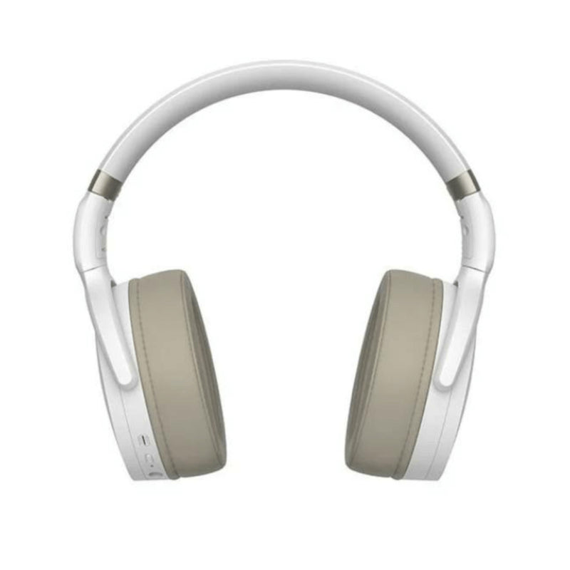 Sennheiser HD 450BT Wireless Bluetooth Headphones in white color, featuring active noise cancellation, 30-hour battery life, and USB-C fast charging.