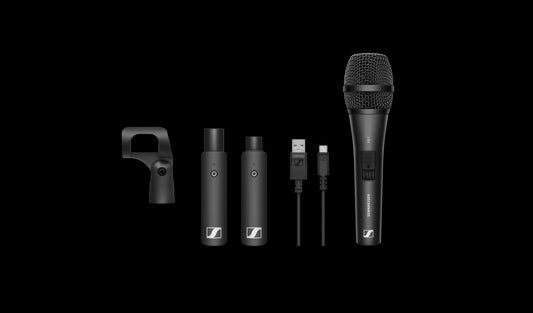 Image of the Sennheiser XSW-D Vocal Set including the XS 1 Microphone, XSW-D XLR Female Transmitter, XSW-D XLR Male Receiver, and a USB Cable.
