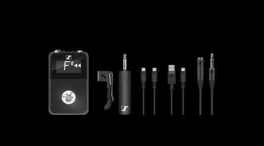 Image of the Sennheiser XSW-D Pedalboard Set, which includes a guitar set, pedalboard receiver, and power supply.