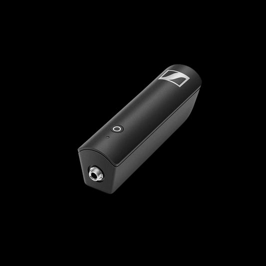 Image of the Sennheiser XSW-D Mini Jack TX Pluggable Transmitter, featuring a 3.5mm jack, USB-C port, and USB cable.