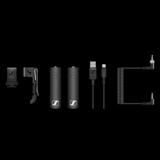 Image of the Sennheiser XSW-D Portable Base Set, including Mini Jack RX/TX, Belt-clip, Hotshoe Mount, and USB Cable.