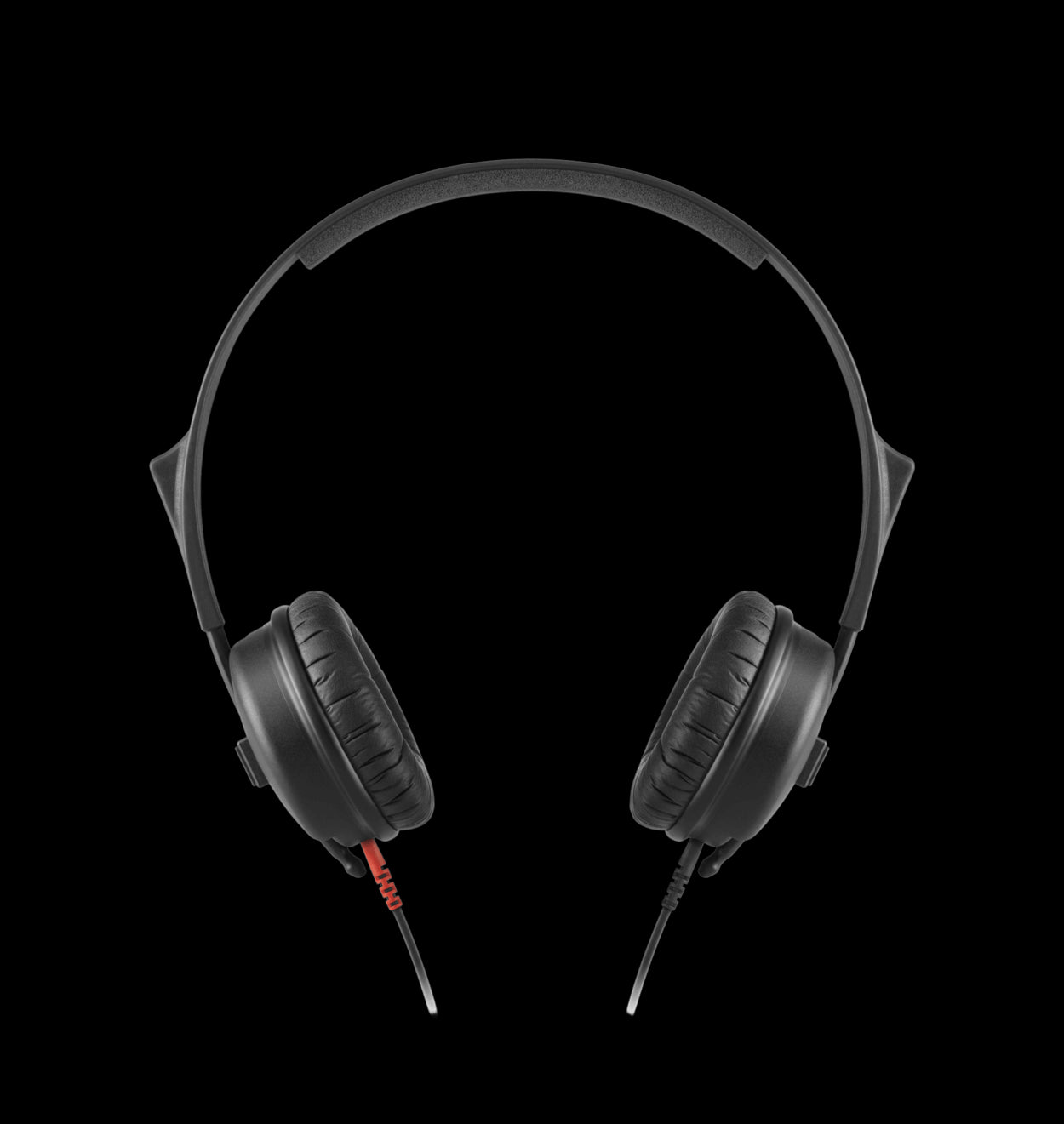 Front view of Sennheiser HD 25 LIGHT Headphones with a 1.5m cable and 3.5/6.3mm adapter jack, featuring a sleek black design.