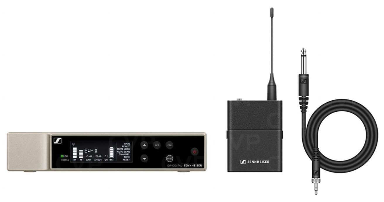 Image of the Sennheiser EW-D CI1 Set (S1-7) including a receiver, bodypack transmitter, and CI1 instrument cable, operating in the 606.2-662MHz range.