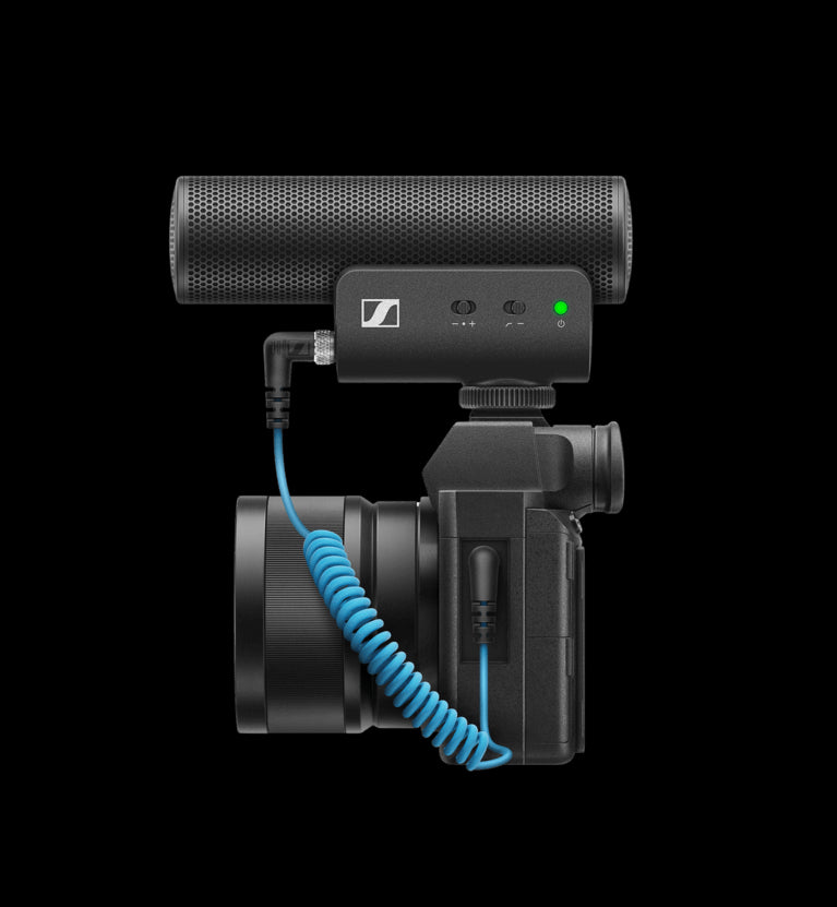 Sennheiser MKE 400 Rifle Microphone designed for semi-professional cameras, featuring a 3.5mm stereo mini jack. The image shows the sleek, black microphone with its compact design.