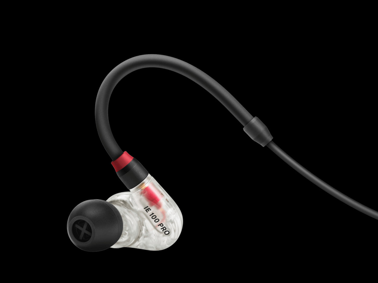 Sennheiser IE 100 PRO Clear In-ear Headset with a 1.3m cable, soft pouch, and ear adapters in sizes S, M, and L