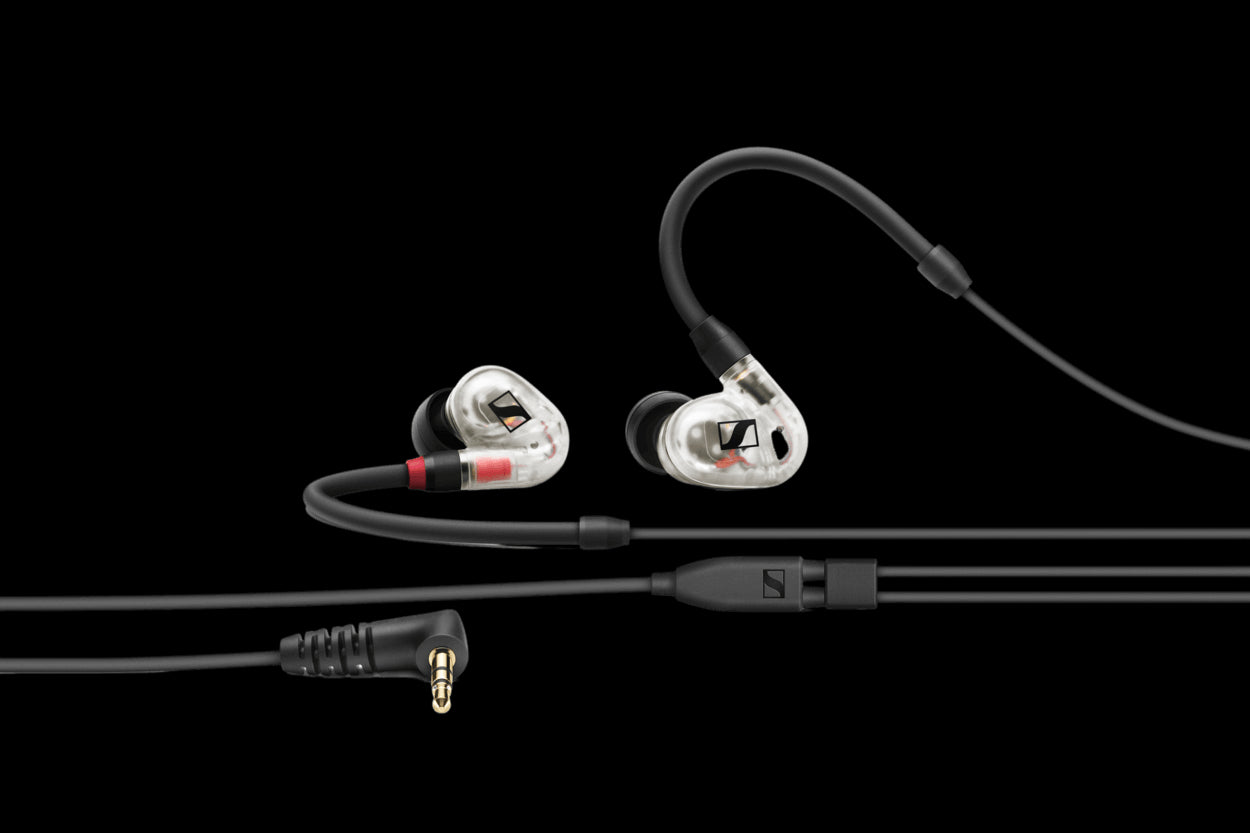 Front view of the Sennheiser IE 100 PRO Clear In-ear Headset with a 1.3m cable, soft pouch, and ear adapters in sizes S, M, and L.