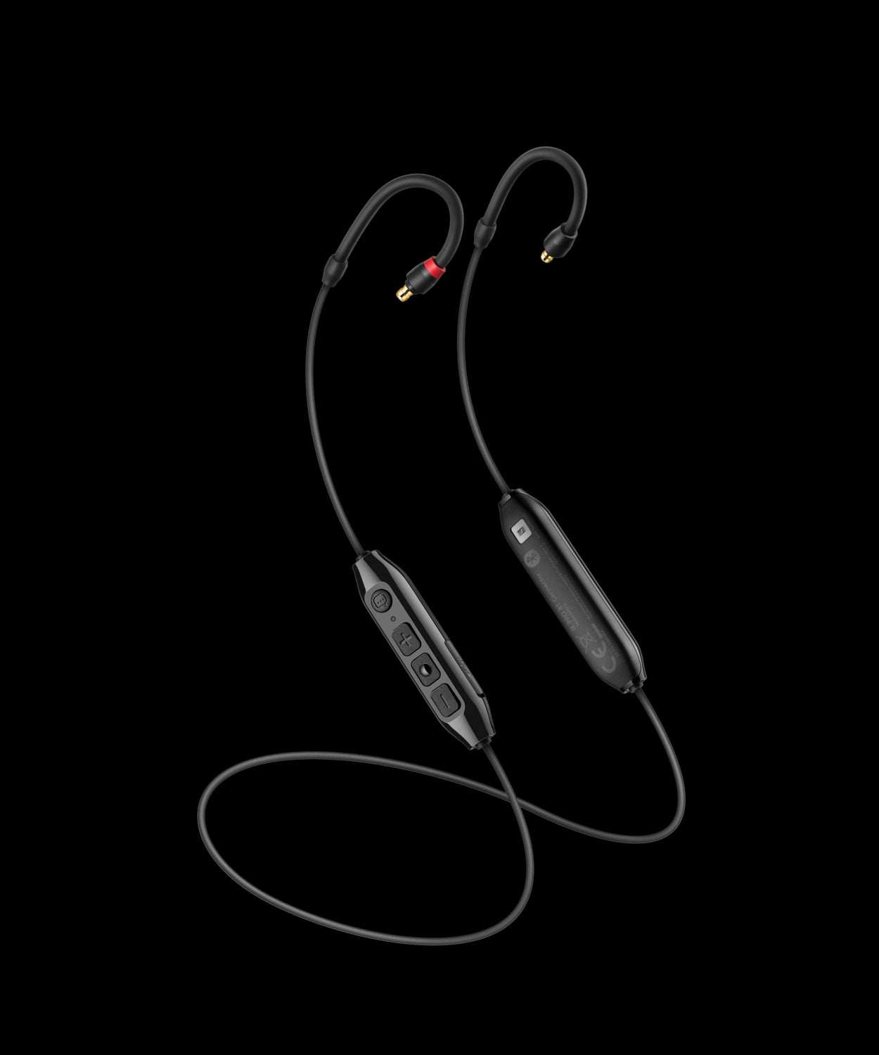 Sennheiser IE Pro BT Connector, a semi-wireless Bluetooth cable, product shot showing the wearing style.