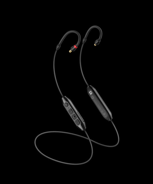 Sennheiser IE Pro BT Connector, a semi-wireless Bluetooth cable, product shot showing the wearing style.