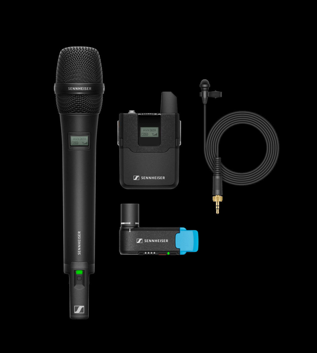 Sennheiser AVX ME2/835 SET-3-EU Handheld Lavalier Set, featuring 12 channels and operating in the 1880-1900MHz frequency range