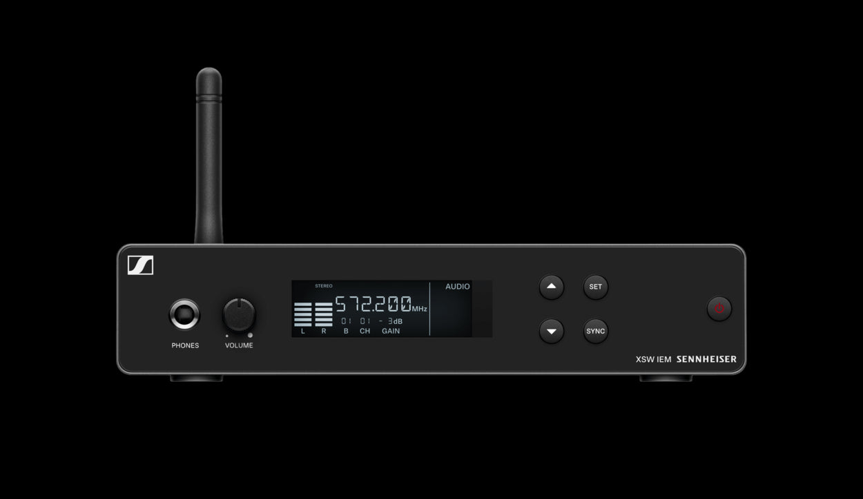 Front view of the Sennheiser XSW IEM SR-C Single Half-rack Transmitter with attached antenna and NT 12-5 CW Power Supply, operating in the 662-686MHz frequency range.