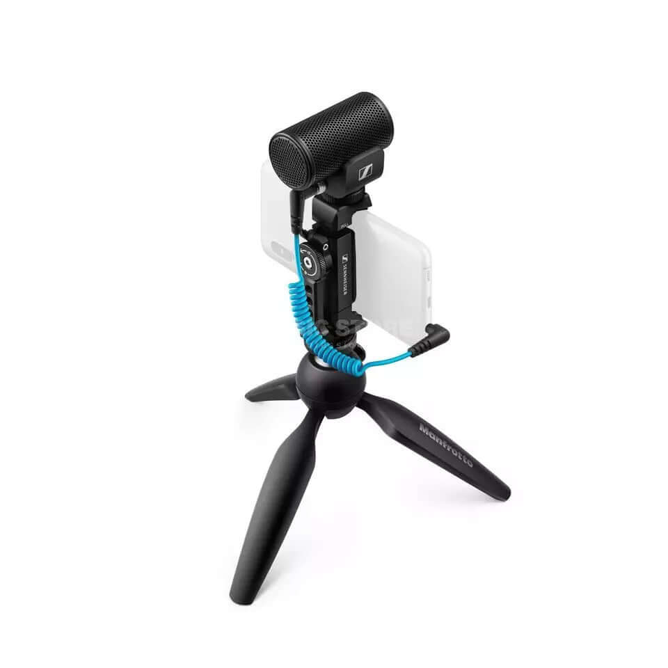 Sennheiser MKE 200 Mobile Kit featuring a MKE 200 microphone, Manfrotto PIXI Mini Tripod, and a smartphone clamp