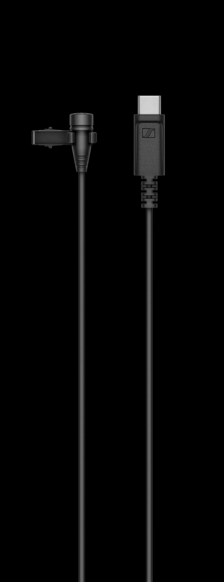 Front view of the Sennheiser XS Lav USB-C, an omni-directional lavalier microphone with a 2-meter cable and USB-C connector