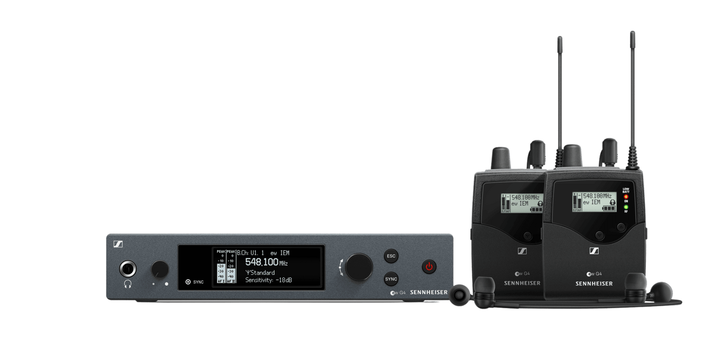 Sennheiser EW IEM G4-TWIN-A In-Ear Monitoring Set featuring two EK IEM G4 receivers and an SR IEM G4 transmitter, designed for high-quality wireless audio monitoring.