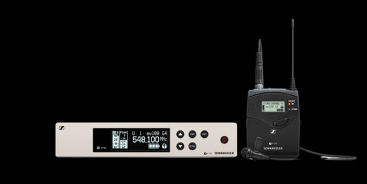 Image of the Sennheiser EW 100 G4-ME2-B Wireless Lavalier Set, 626-668MHz, showcasing the wireless microphone system with its components.