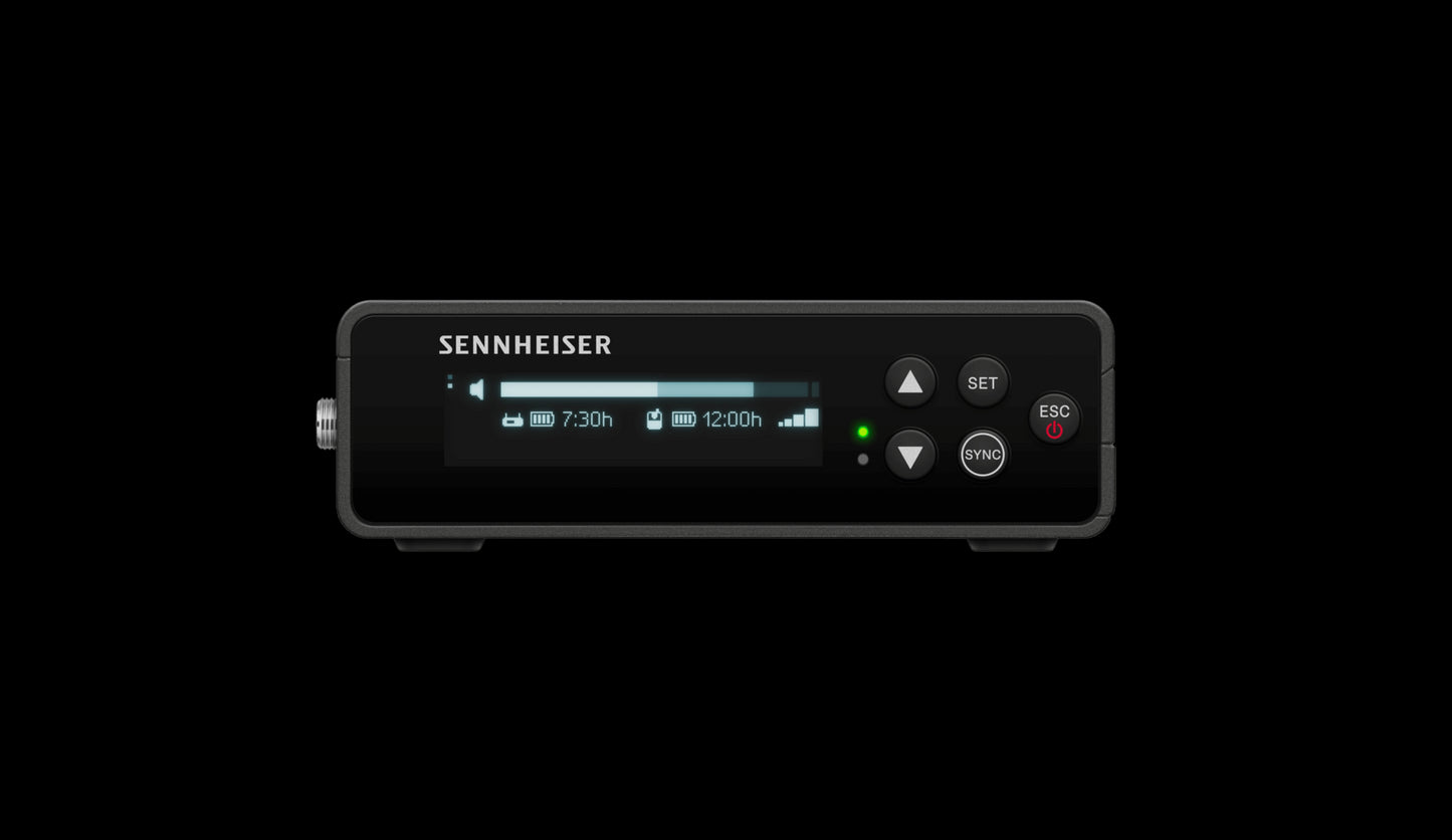 Front view of the Sennheiser EW-DP ME2 SET (S1-7) Wireless Lavalier Set, showcasing the compact and professional design of the wireless lavalier microphone system.