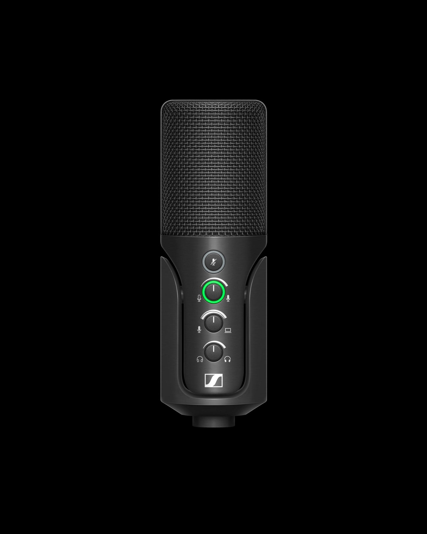Front view of the Sennheiser Profile Streaming Set, featuring a USB microphone with a 3m USB-C cable, boom arm, and pouch.