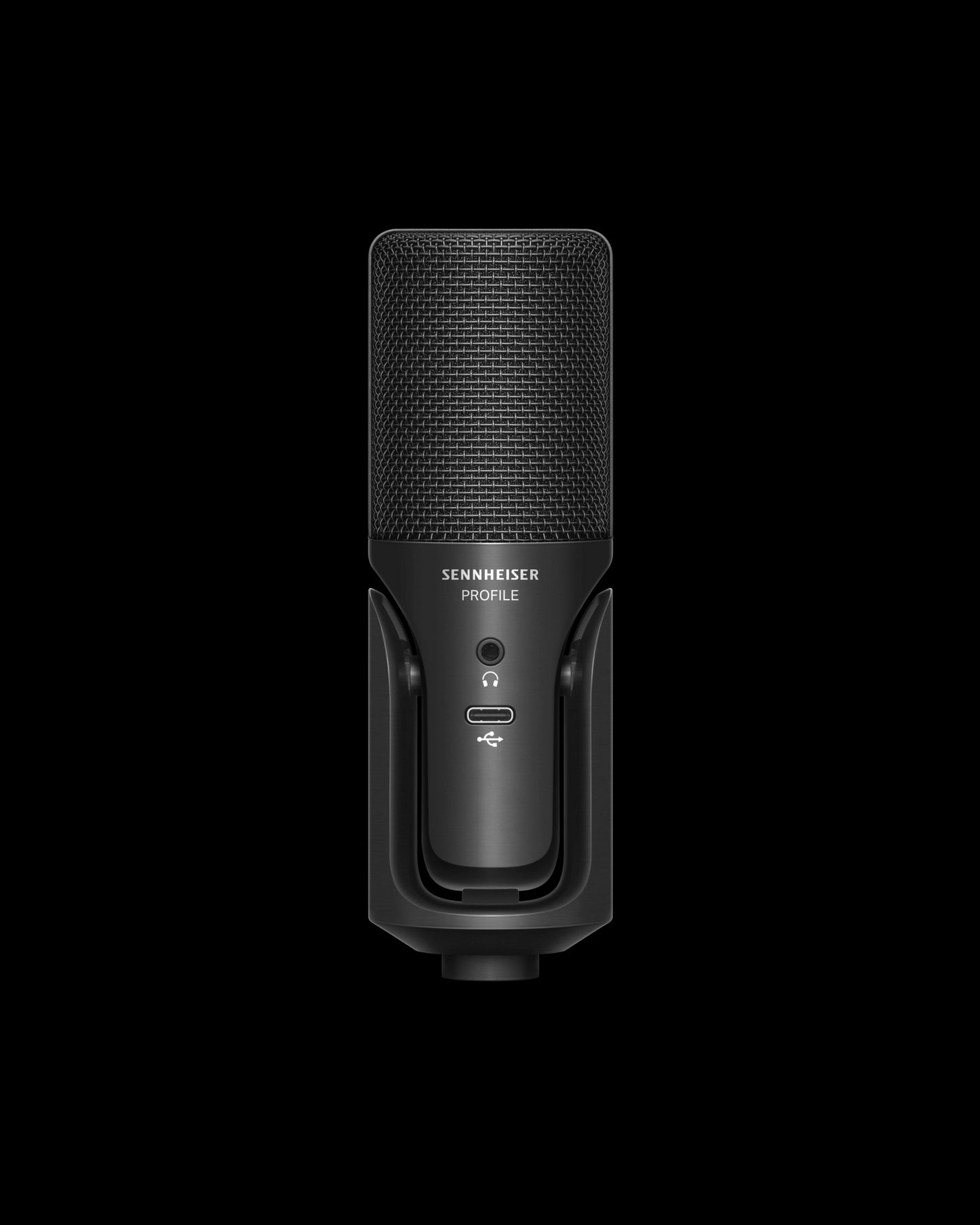 Sennheiser Profile Streaming Set featuring a USB microphone with a 3-meter USB-C cable, boom arm, and pouch, shown from the back.