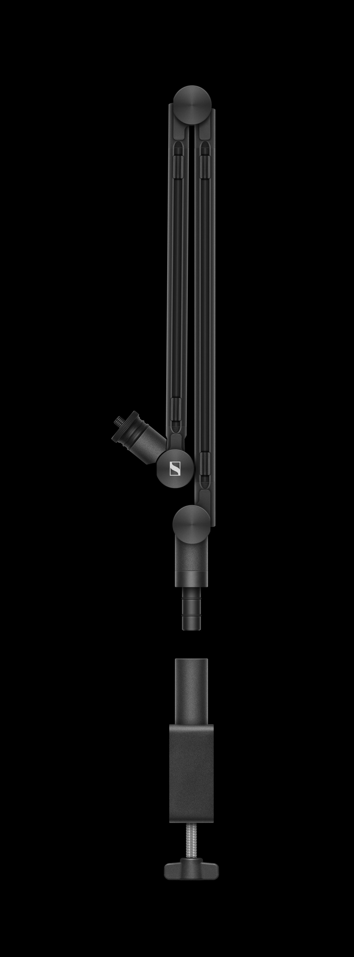Sennheiser Profile Streaming Set featuring a USB microphone with a 3-meter USB-C cable, a boom arm, and a pouch. The product is shown from the side with a red background.