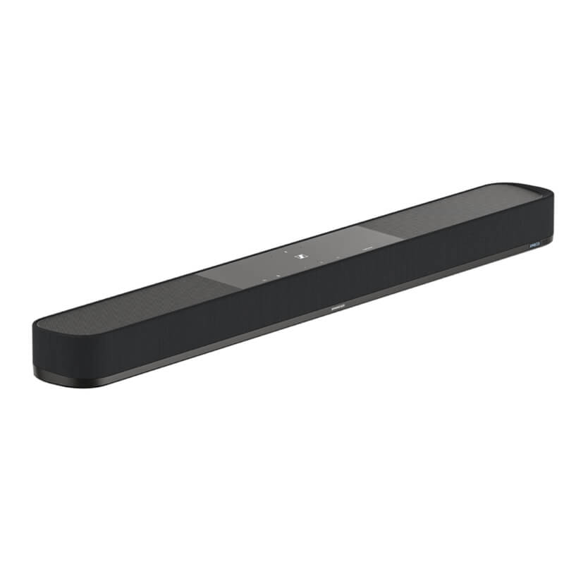 Sennheiser AMBEO Soundbar Plus in black, a multi-speaker home cinema system with remote control, shown in a gallery image.