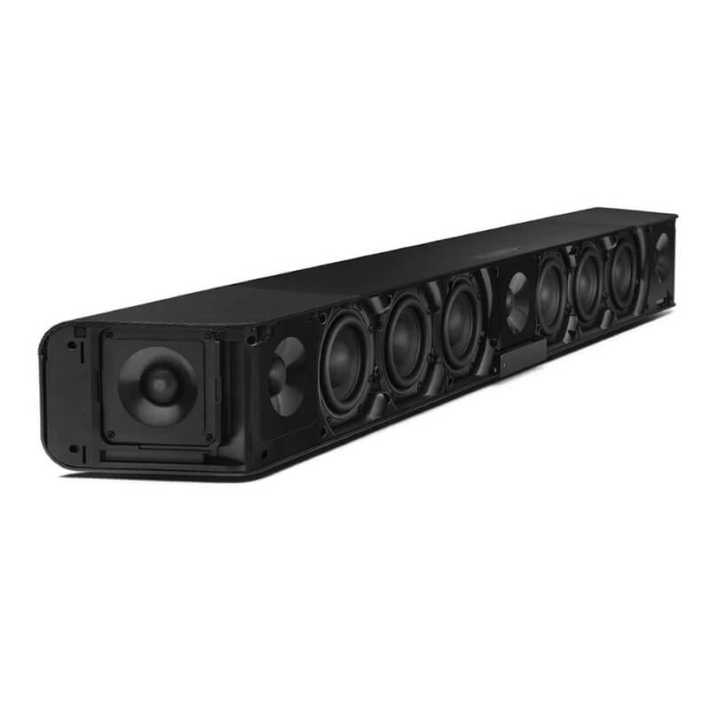 Sennheiser AMBEO Soundbar Plus in black, shown with multiple speakers and a remote control, designed for a home cinema setup.