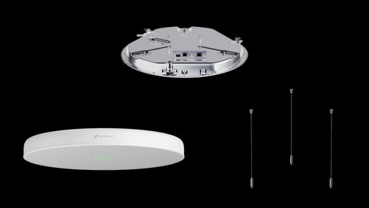 Sennheiser TCC M-H-W TeamConnect Ceiling Medium Mic Housing Kit in white, showing the housing accessory for ceiling-mounted microphones.