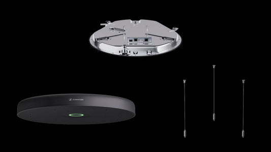 Sennheiser TCC M-H-B TeamConnect Ceiling Medium Mic Housing Kit in black, shown in a professional product image.