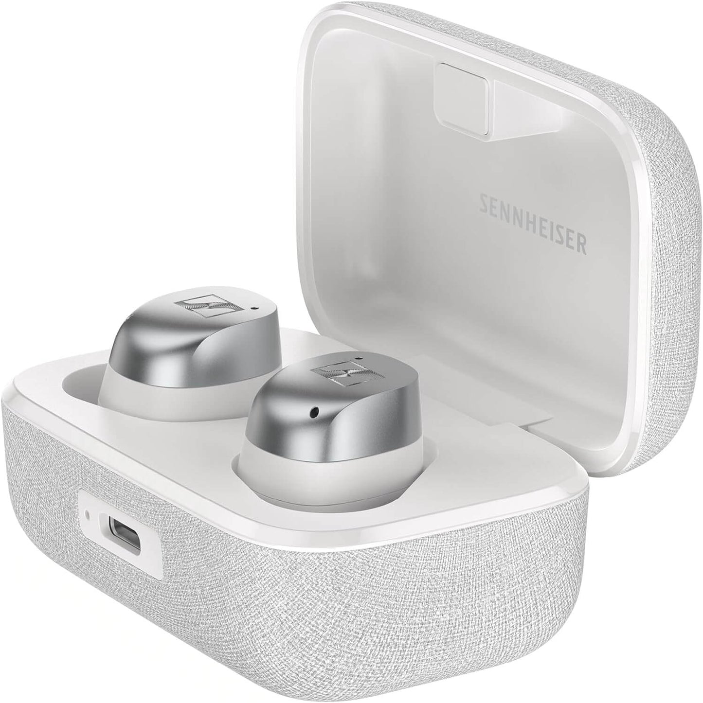 Sennheiser MOMENTUM True Wireless 4 earbuds in white silver color, featuring advanced active noise cancellation and Bluetooth 5.4 technology.