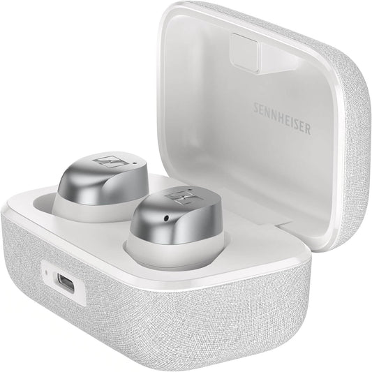 Sennheiser MOMENTUM True Wireless 4 earbuds in white silver color, featuring advanced active noise cancellation and Bluetooth 5.4 technology.
