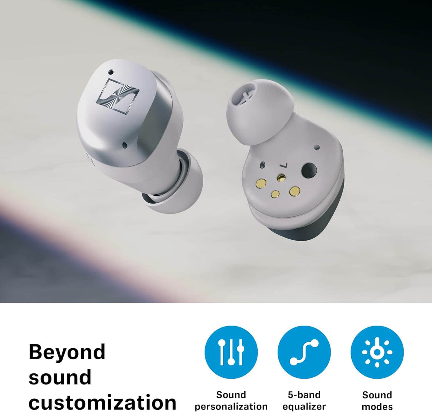 Sennheiser MOMENTUM True Wireless 4 earbuds in white silver color, featuring advanced active noise cancellation and Bluetooth 5.4 technology.