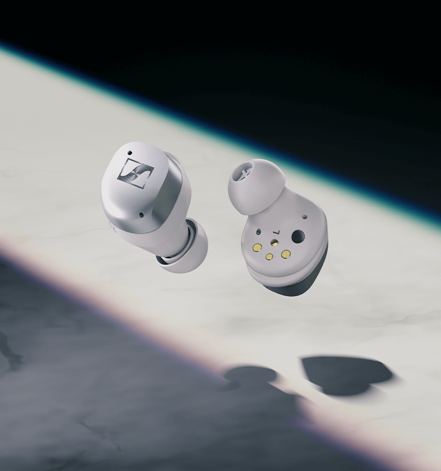 Sennheiser MOMENTUM True Wireless 4 earbuds in White Silver color, showcasing advanced ANC technology and Bluetooth 5.4 connectivity.