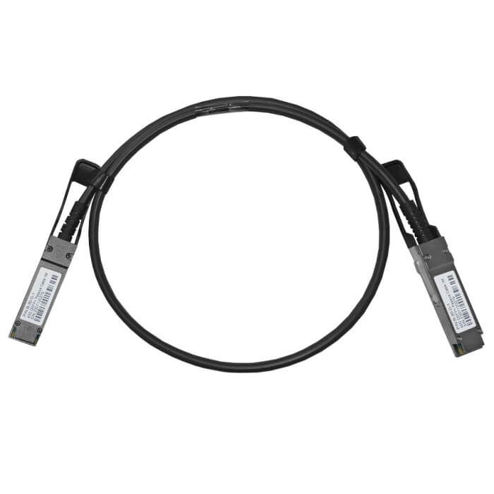 Linkbasic 1m Direct Attached 40G QSFP+ Uplink Cable in a clear view, showcasing its connectors and cable design.