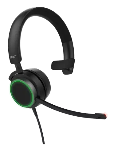 Snom A330M Mono Headset featuring VoIP connectivity, USB and 3.5mm compatibility, and noise-cancelling technology.