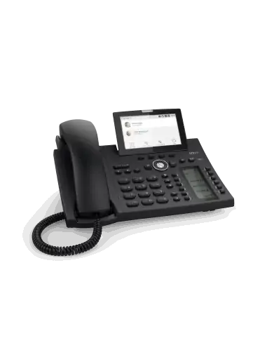 Snom D385 desktop SIP phone featuring a 12-line capability and high-resolution color display.