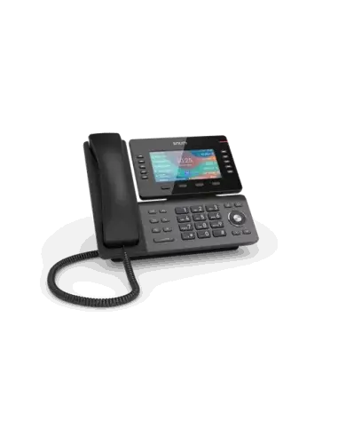 Snom D865 12-Line SIP Phone with a 5-inch colour display, showcasing its sleek design and USB connectivity.