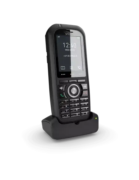 Snom M80 Ruggedized DECT Phone with Charging Base, designed for durability and mobility.