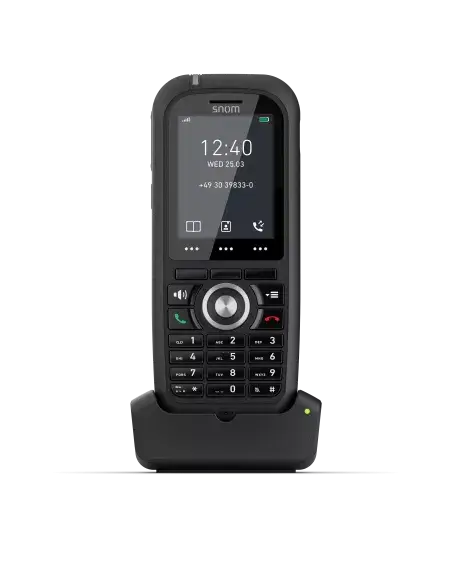 Snom M80 ruggedized DECT phone with charging base, showcasing its durable design and functionality.
