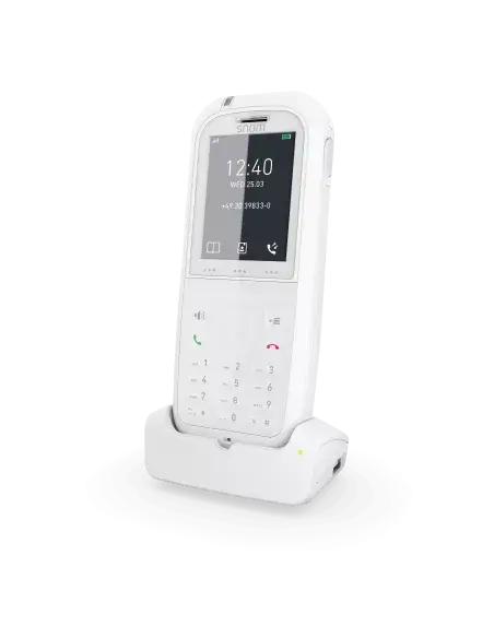 Snom M90 Anti-Bacterial DECT Phone with Charging Base, showcasing its sleek design and functionality.