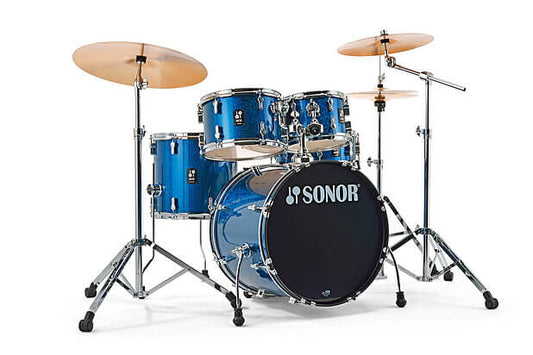Right view of the Sonor AQX Studio Drum Set in Blue Moon Sparkle finish, complete with cymbals.