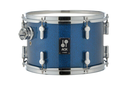 Sonor AQX Studio Drum Set in Blue Ocean Sparkle finish, complete with cymbals, displayed in a studio setting.