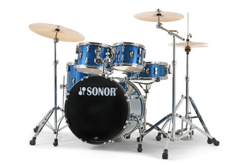 Sonor AQX Studio Drum Set in Blue Ocean Sparkle finish, complete with cymbals.