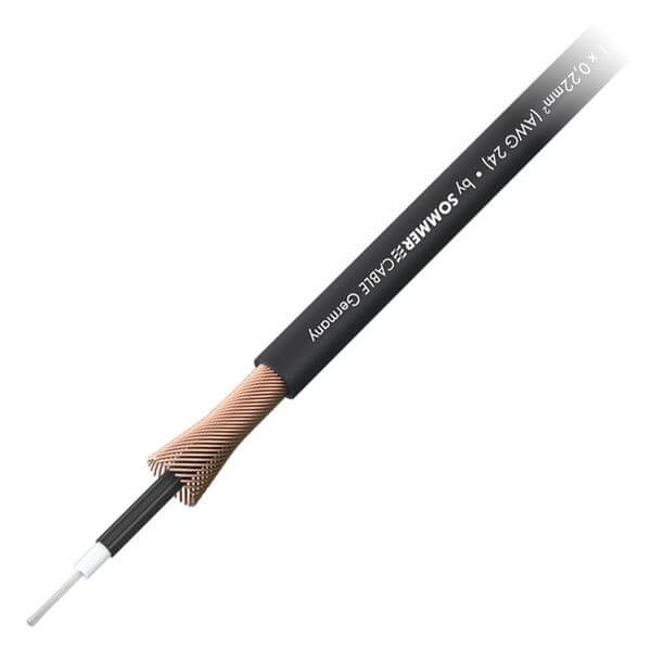 Sommer Cable Tricone MKII Instrument Cable in black with a PVC sheath, showcasing its 1 x 0.22 mm² specification and 5.90 mm diameter.
