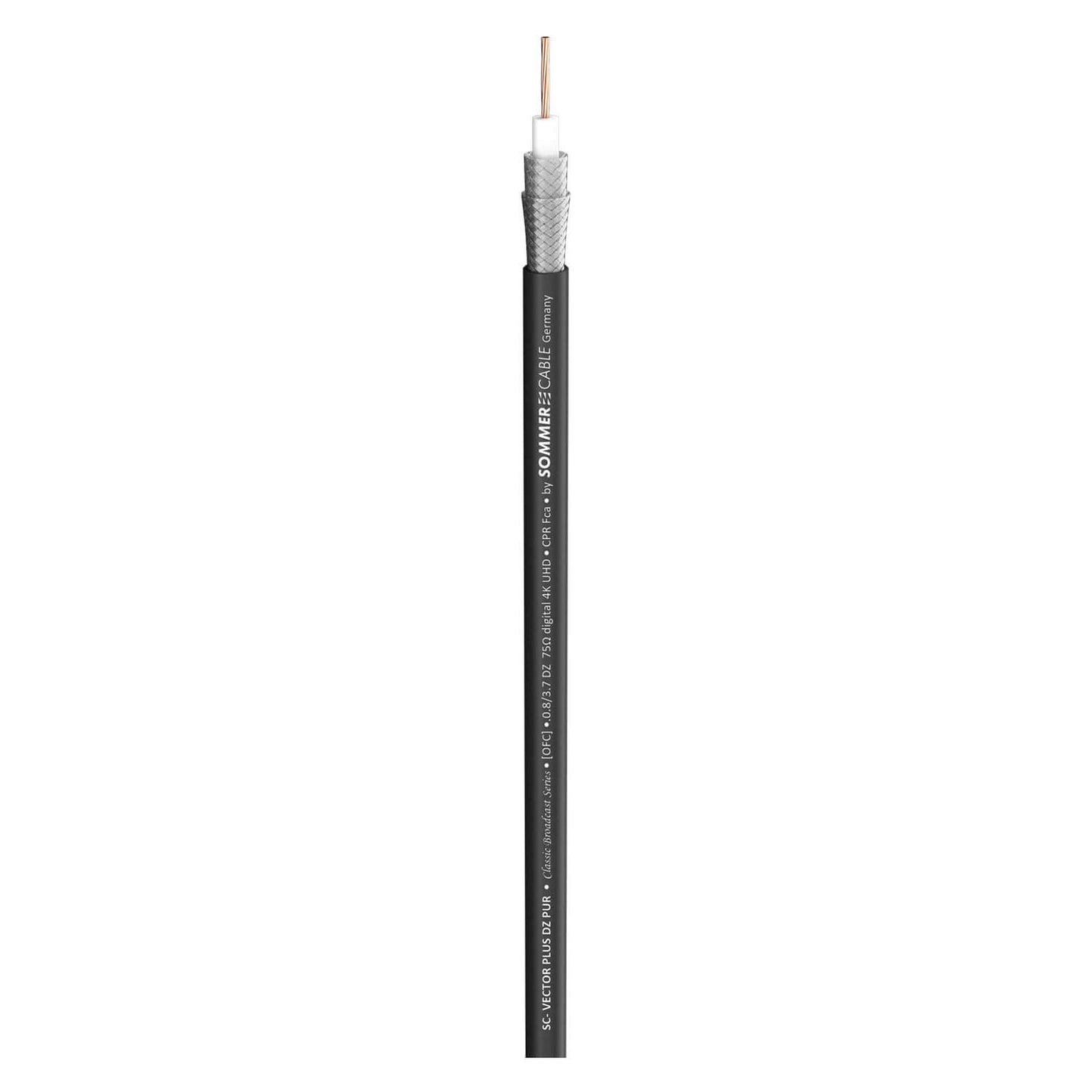 Sommer Cable SC-VECTOR PLUS 0.8L/3.7DZ UHD Video Cable with Neutrik NBNC75BJP9X Connector in black color.
