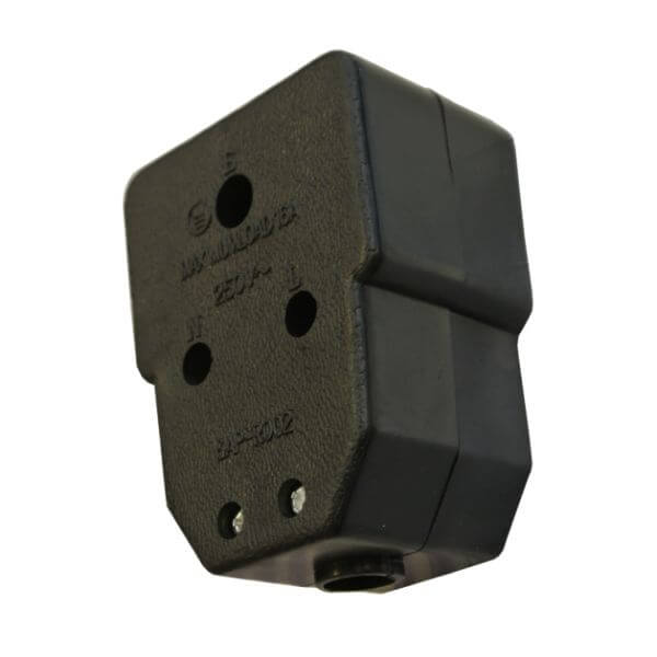 STAGE PLUS SA 16A Rubber Double Sided Coupler, a heavy-duty 2x16A 3 pin PVC connector in black.