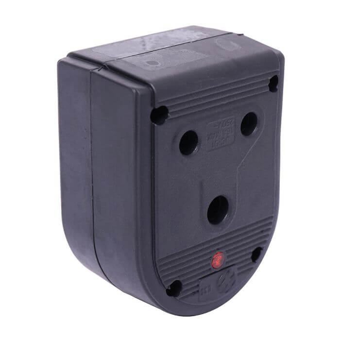Heavy duty STAGE PLUS SA 16A rubber double sided coupler with 2x16A 3 pin connectors in black PVC.