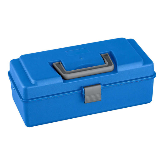 Blue polypropylene tackle box with one shelf and six compartments, ideal for organizing fishing gear.